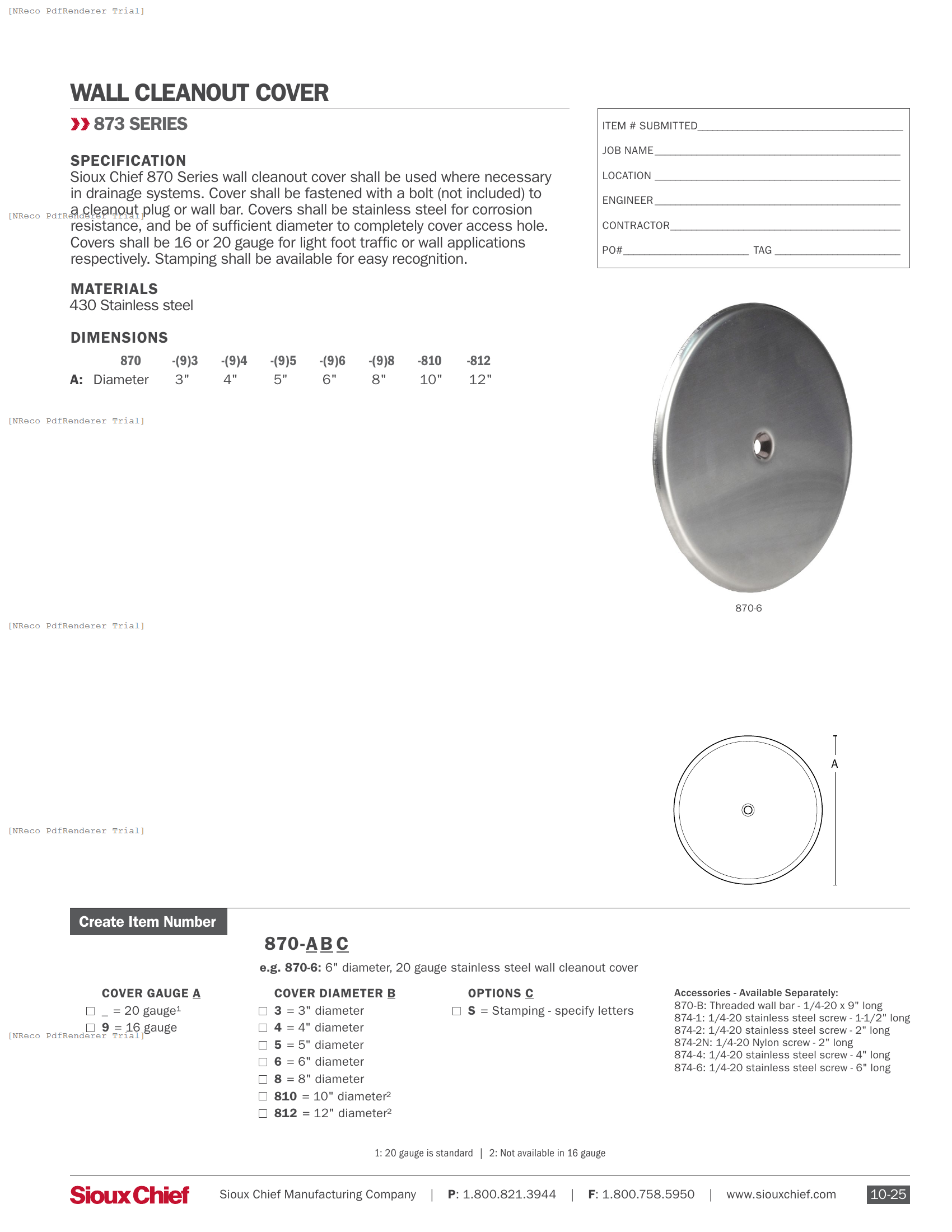 870 SERIES - STAINLESS STEEL WALL CLEANOUT COVER - SPEC SHEET.PDF Specification Document